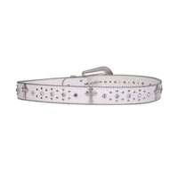 Engraved Buckle Cross White Strap with Faceted Crystal Rhinestones Belt