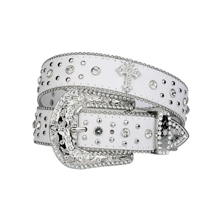Engraved Buckle Cross White Strap with Faceted Crystal Rhinestones Belt