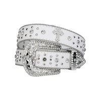 Engraved Buckle Cross White Strap with Faceted Crystal Rhinestones Belt