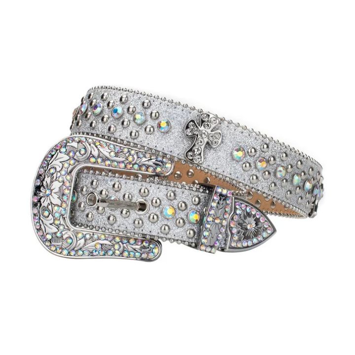 Crystal-Studded Adorned Western Belt with Cross Embellishment