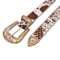 Engraved Buckle Rhinestone Belt Gold Adorned Cow Skin Style