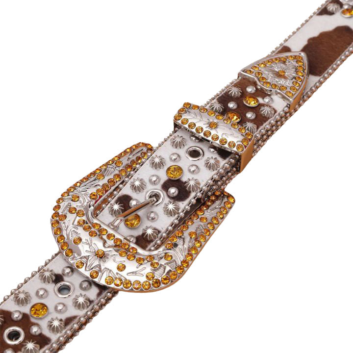 Engraved Buckle Rhinestone Belt Gold Adorned Cow Skin Style