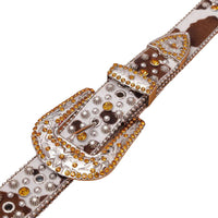 Engraved Buckle Rhinestone Belt Gold Adorned Cow Skin Style