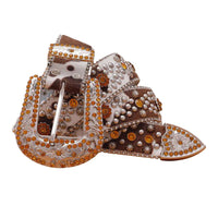 Engraved Buckle Rhinestone Belt Gold Adorned Cow Skin Style
