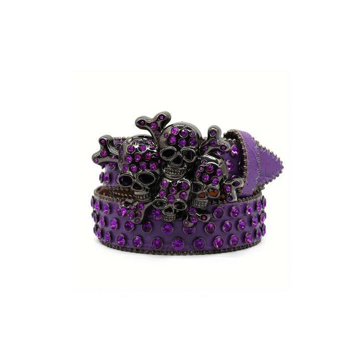 Edgy Punk Skull Purple Adorned Rhinestones Belt