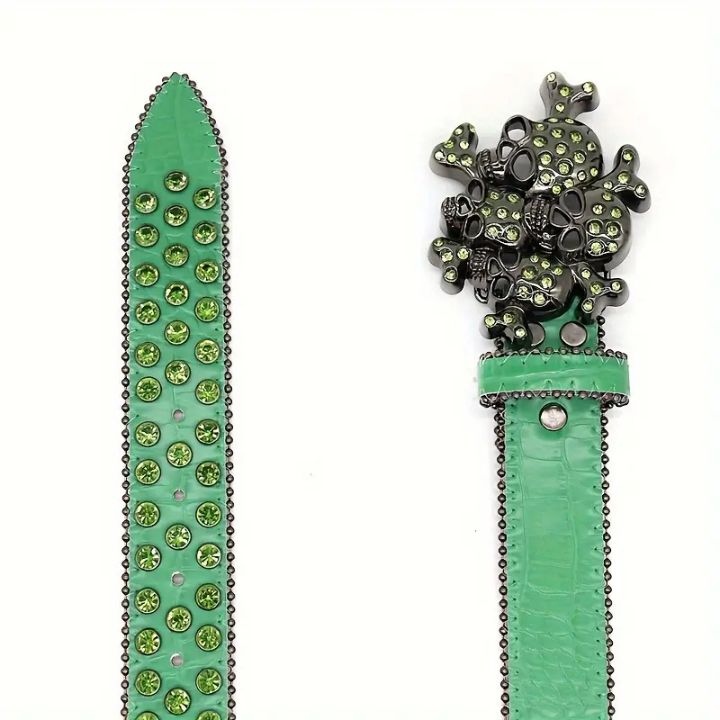 Edgy Punk Skull Green Embellished Rhinestones Belt