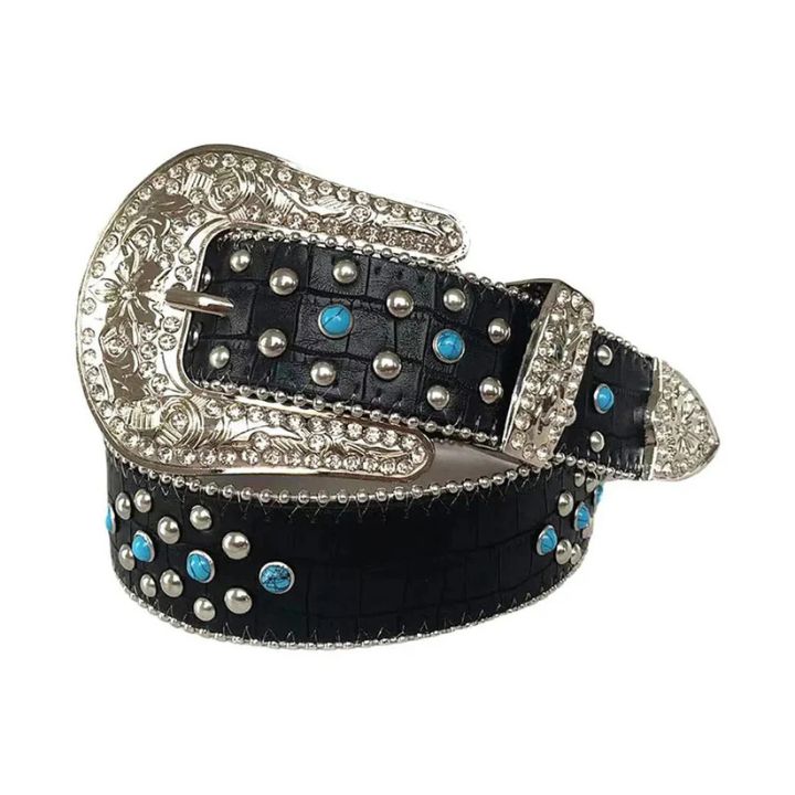 Elegant Blue Rhinestone Waist Belt with Black Textured Strap