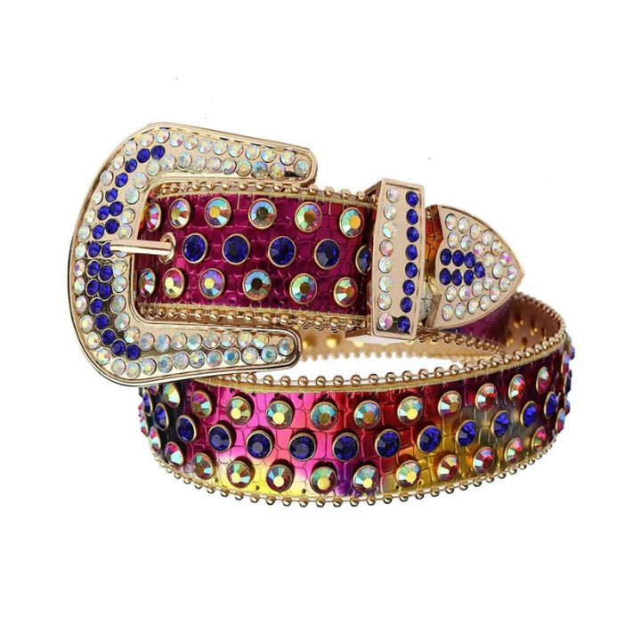 Blue & Chromatic Rhinestone Statement Belt with Red Chromatic Strap