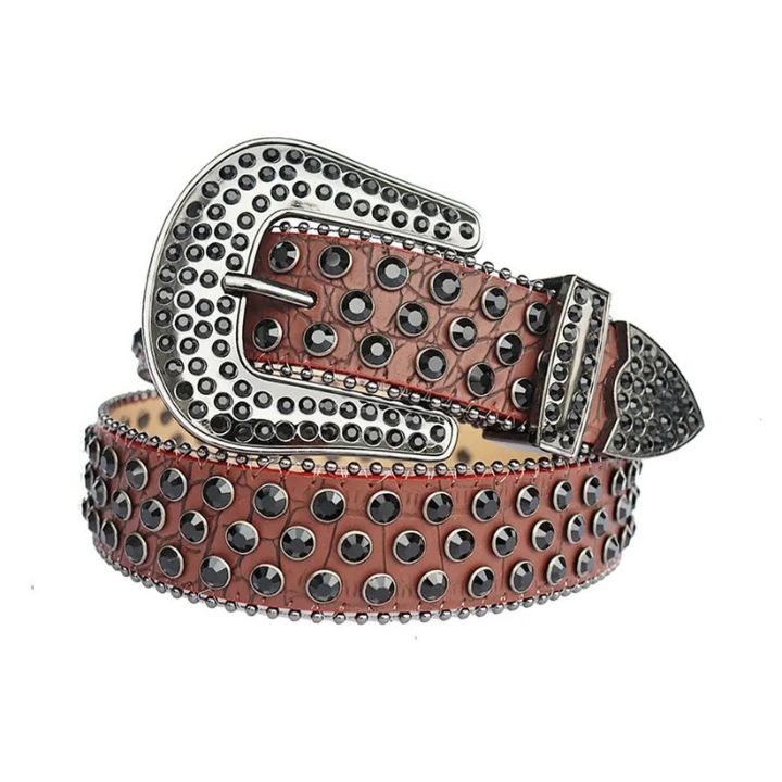 Black Rhinestone Statement Belt with Brown Textured Strap