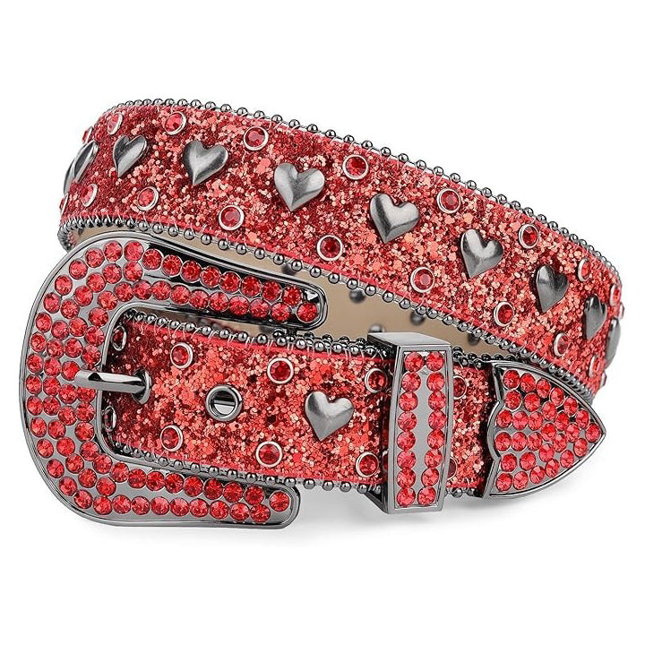 Sparkling Rhinestone Western Sparkle Heart Faceted Crystal Diamond Studded Leather Belt