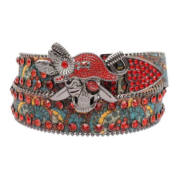 Pirate Head Rhinestone Statement Belt with Diamond Embellishments
