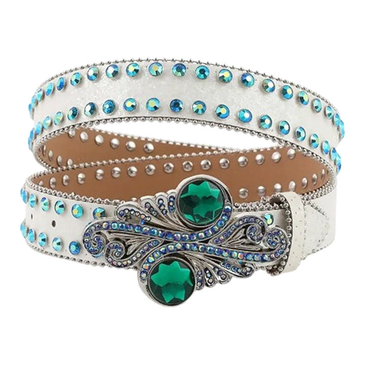 White Rhinestone Western Waist Belt with Emerald Green Buckle