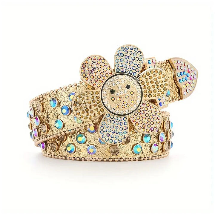 Gold Rhinestone Flower Buckle Waist Belt