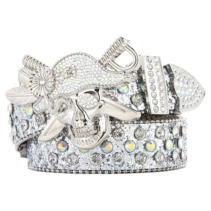Silver Rhinestone Pirate Skull Waist Belt