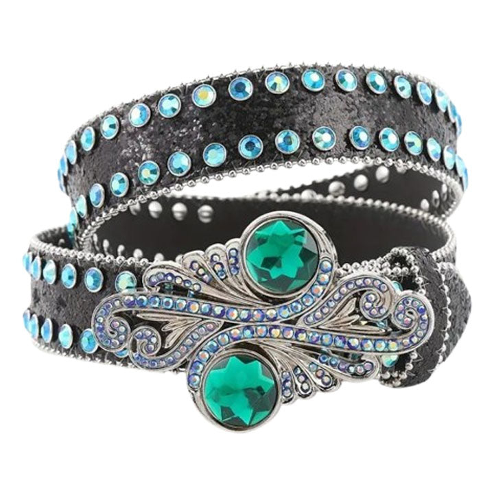 Black Rhinestone Western Waist Belt with Emerald Green Buckle