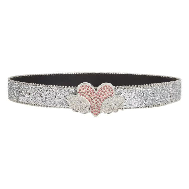 White Sparkle Heart Wings Rhinestone Belt