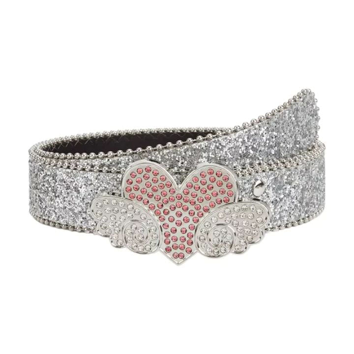 White Sparkle Heart Wings Rhinestone Belt