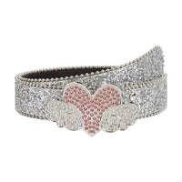 White Sparkle Heart Wings Rhinestone Belt