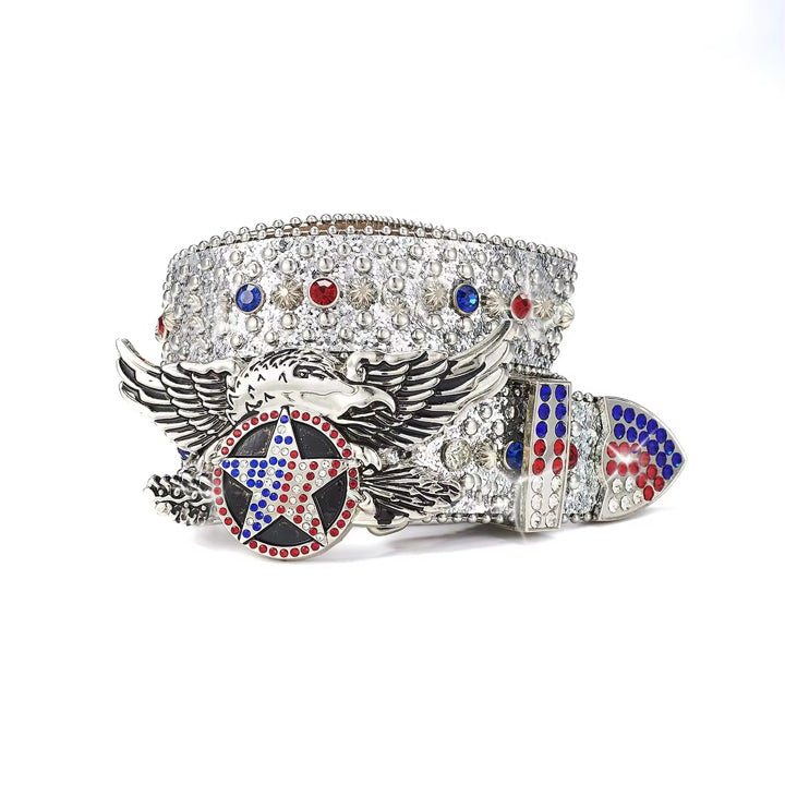 Silver American Eagle Star Rhinestone Statement Belt