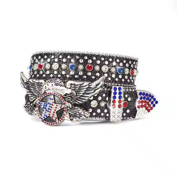 Black American Eagle Star Rhinestone Statement Belt