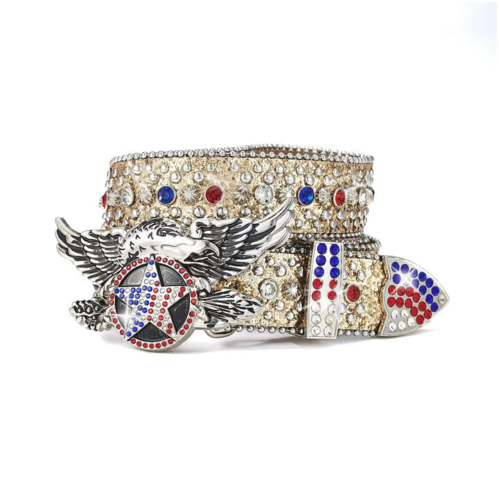 Gold American Eagle Star Rhinestone Statement Belt