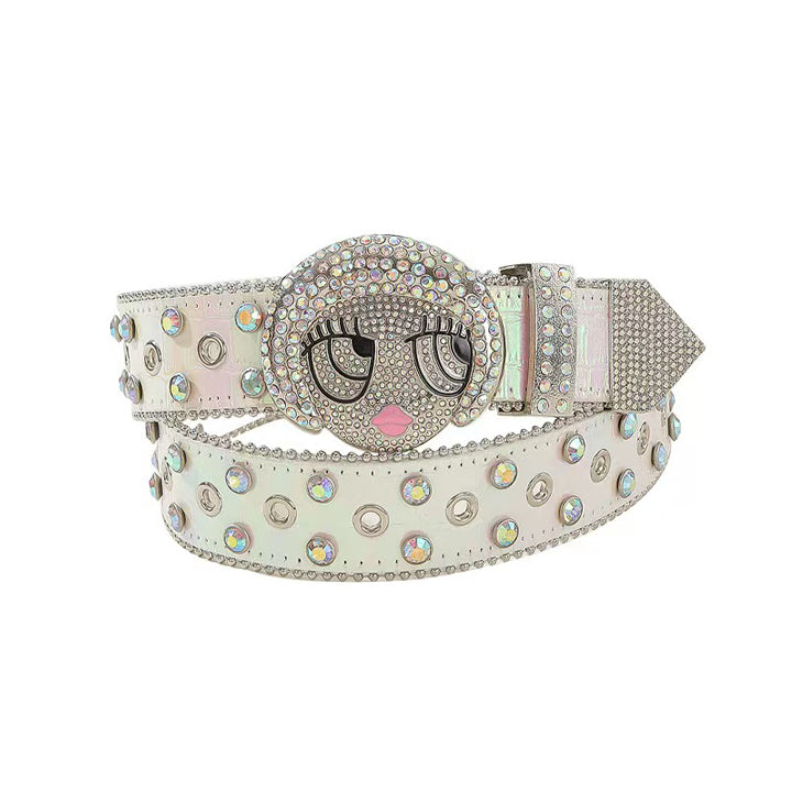 White Glam Rhinestone Statement Belt with Cute Face Buckle