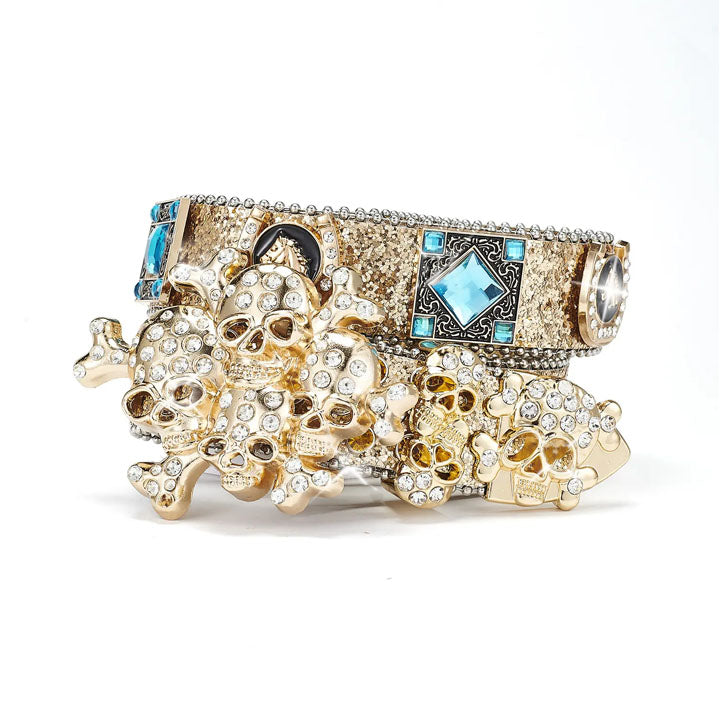Men Gold Skull Statement Belt with Rhinestones and Blue Gem Accents