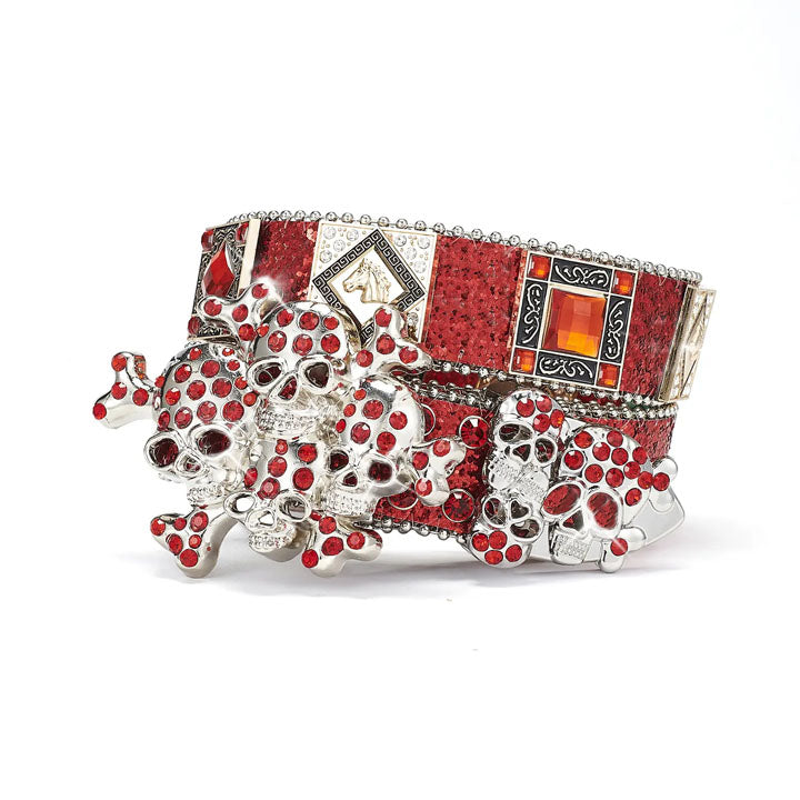Men's Red Sparkle Skull Belt with Rhinestones and Silver Accents