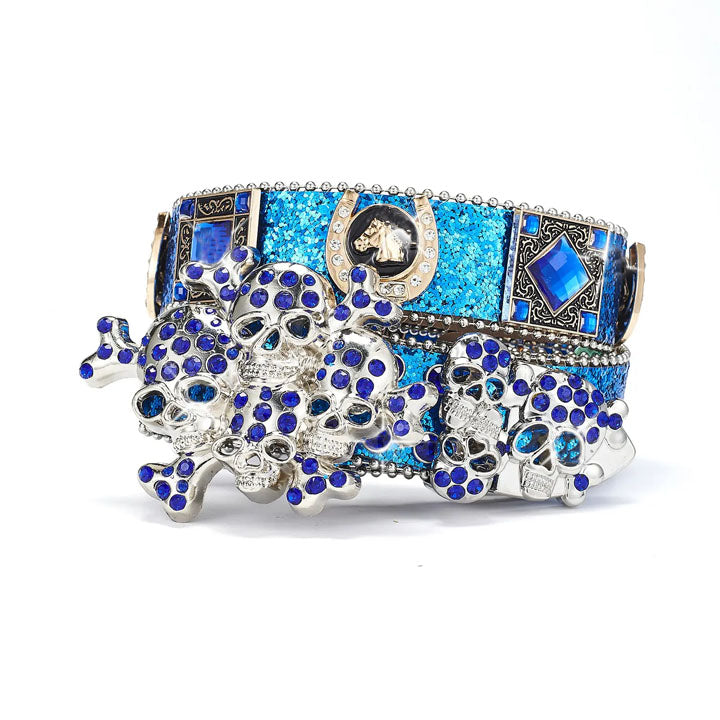 Men Blue Shimmer Skull Belt with Rhinestones and Silver Accents