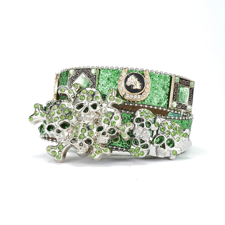 Men Green Shimmer Skull Belt with Rhinestone Accents