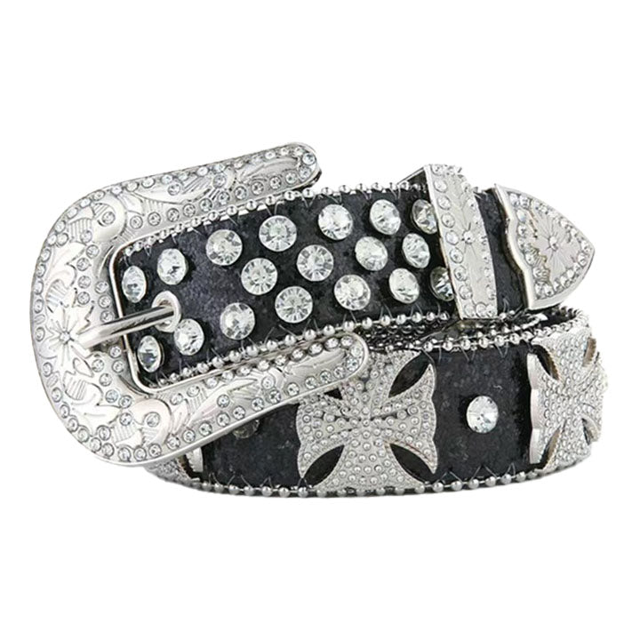 Men Black Western Rhinestone Statement Belt Embellished with Cross Motif