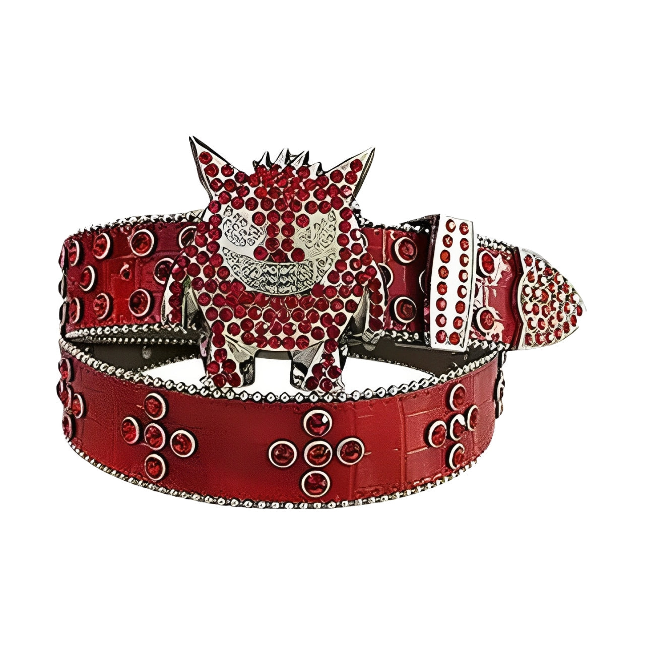 Red Rhinestone Belt with Faceted Crystal-Embellished Monster Buckle