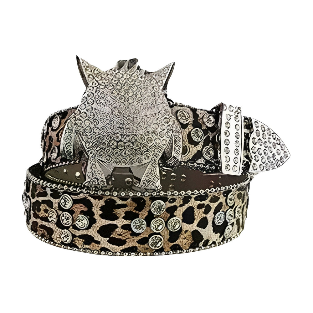 Leopard Print Rhinestone Belt with Faceted Crystal-Embellished Monster Buckle