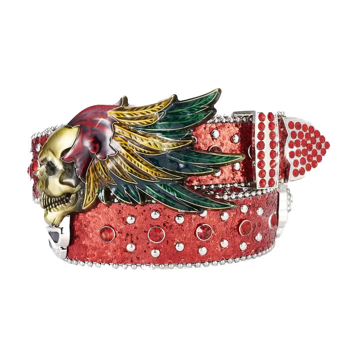 Red Shimmer Skull & Feather Western Belt