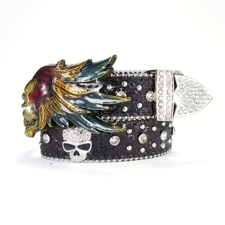 Black Skull & Feather Wing Western Waist Belt
