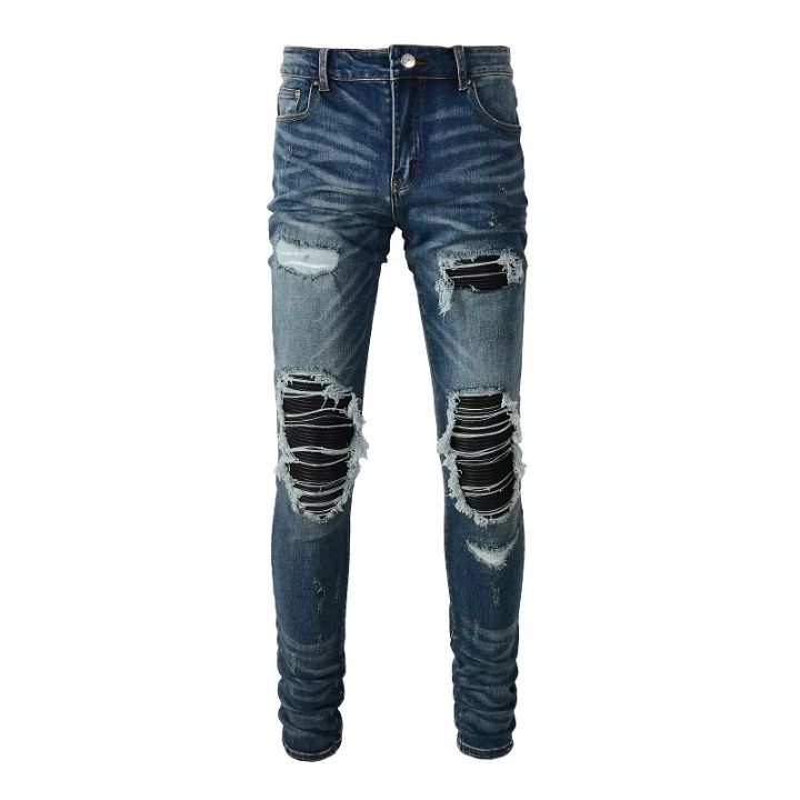 Ripped Black & Blue Slim-Fit Distressed Jeans
