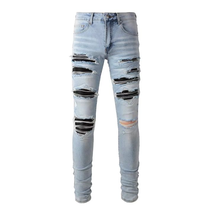 Blue Ripped Leather Patch Skinny Distressed Jeans
