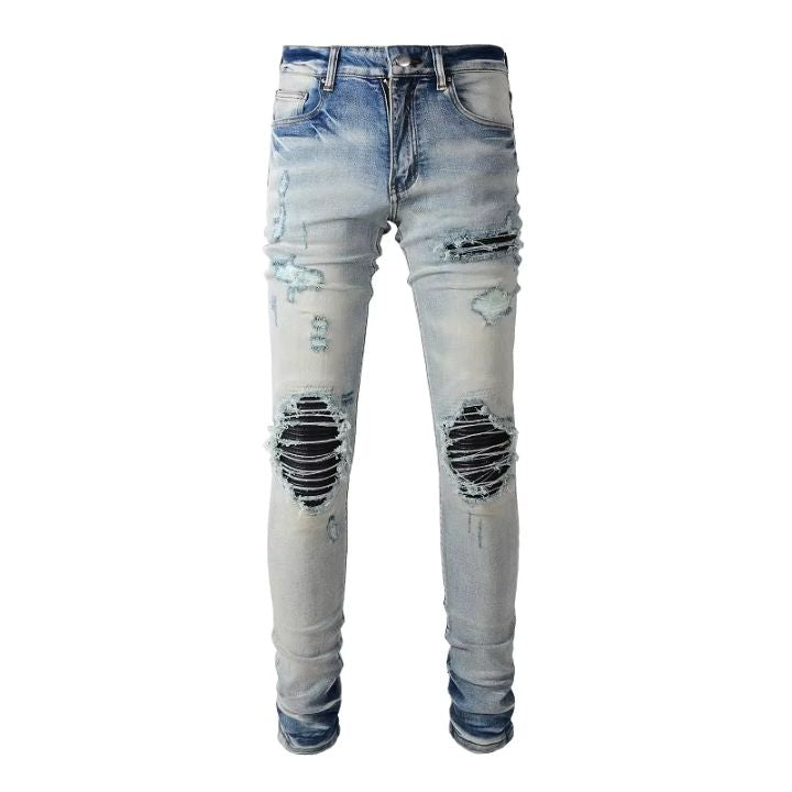 Ripped Blue Leather Patch Slim-Cut Ripped Jean