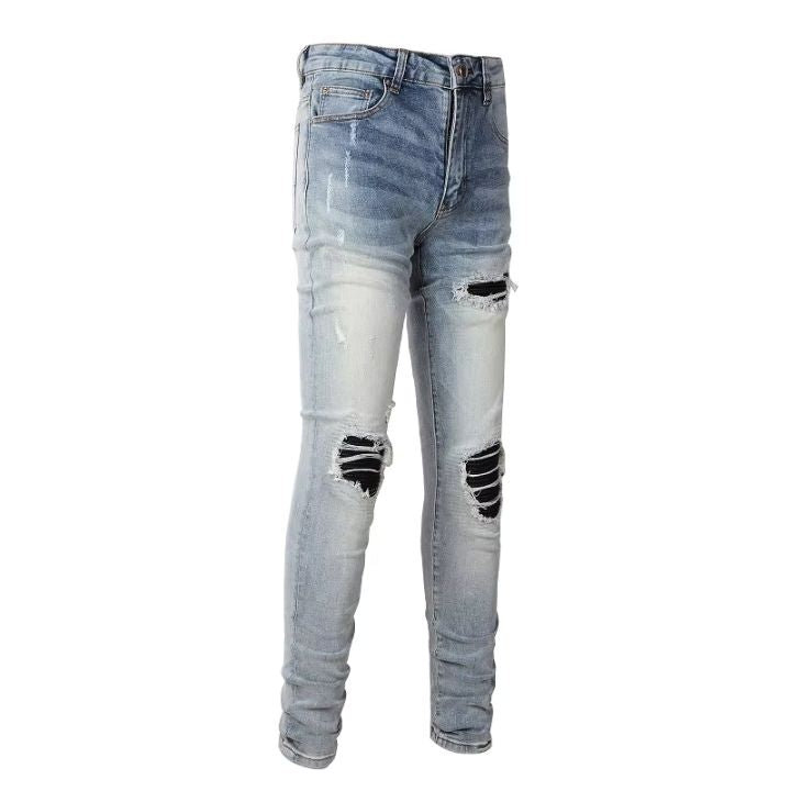 Men's Worn-In Blue Leather Patch Skinny Fit Jeans