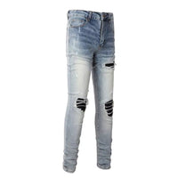 Men's Worn-In Blue Leather Patch Skinny Fit Jeans