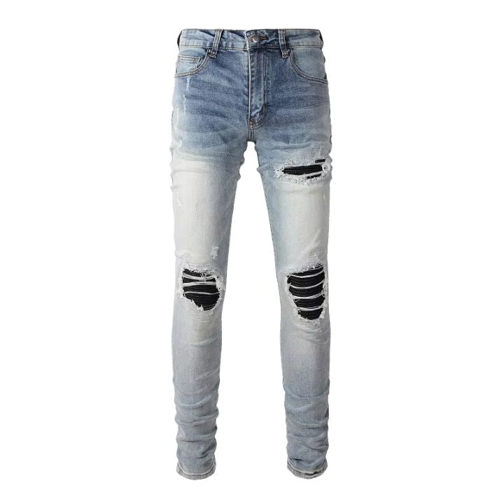 Men's Worn-In Blue Leather Patch Skinny Fit Jeans