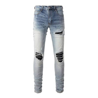 Men's Worn-In Blue Leather Patch Skinny Fit Jeans