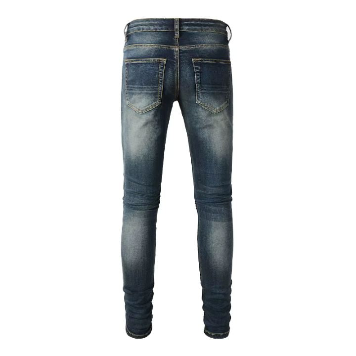 Men's Blue Worn-In Leather Patch Skinny Torn Jeans