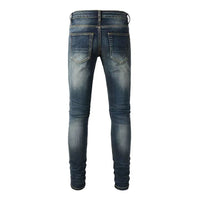 Men's Blue Worn-In Leather Patch Skinny Torn Jeans