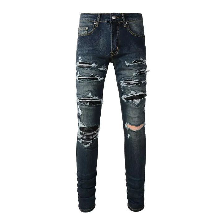 Men's Blue Worn-In Leather Patch Skinny Torn Jeans