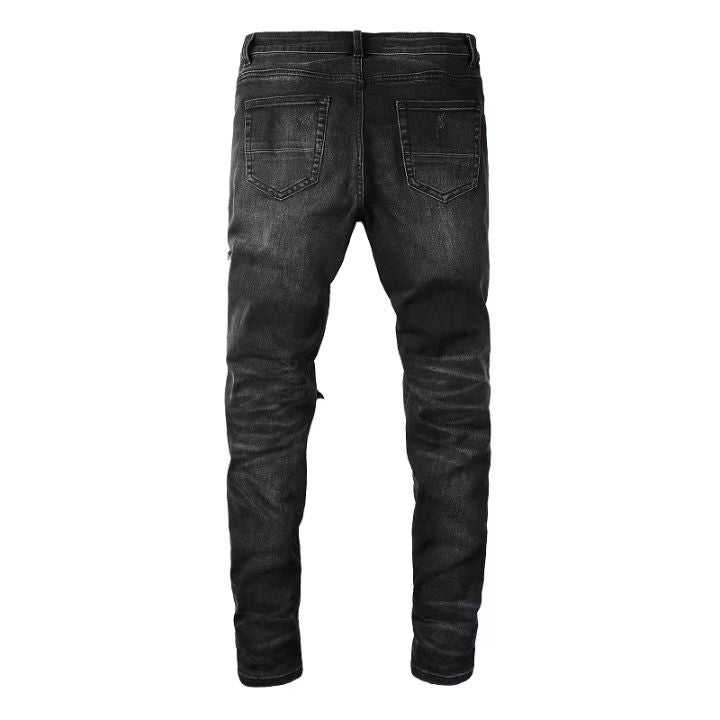 Men's black Worn-In Leather Patch Slim Fit Torn Jeans
