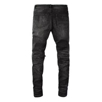 Men's black Worn-In Leather Patch Slim Fit Torn Jeans