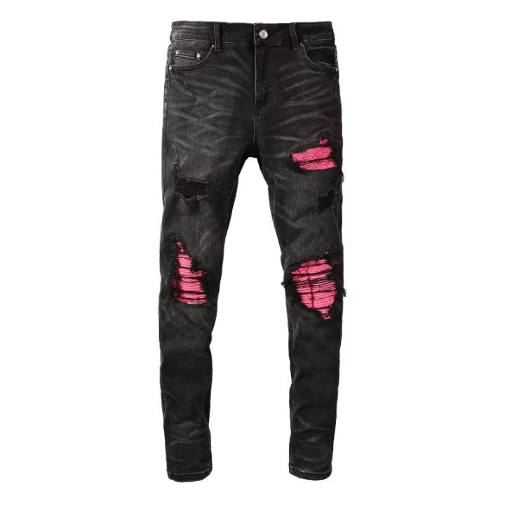 Men's black Worn-In Leather Patch Slim Fit Torn Jeans