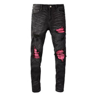Men's black Worn-In Leather Patch Slim Fit Torn Jeans
