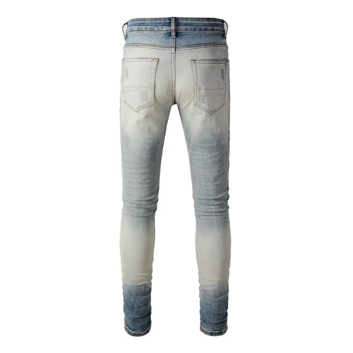 Men's White Print & Pleated Patch Detail Slim-Cut Ripped Jeans